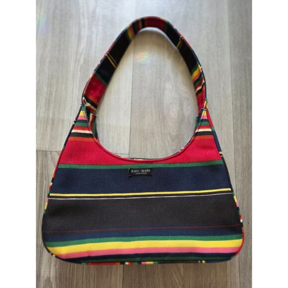 Kate Spade New York Striped Canvas Shoulder Bag With Zipper Closure - Picture 2 of 6